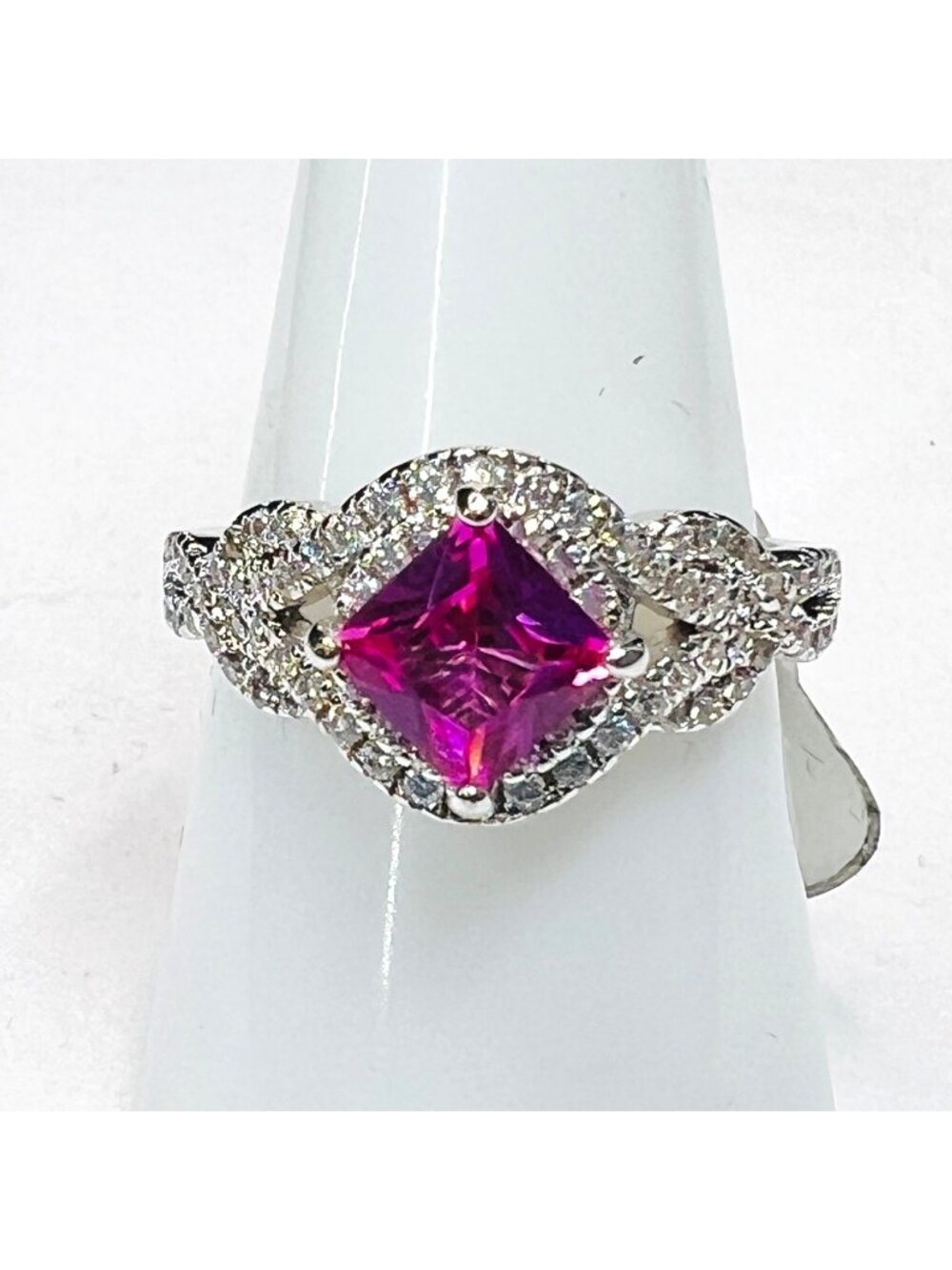 Ring Bomb Party, size 8, pink gemstone, CZ looking accents, silver color band